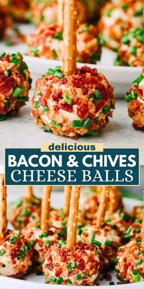 Try these creamy mini cheese balls, packed with smoky bacon and crisp chives, each with a salty pretzel stick for easy snacking - an ideal appetizer for any gathering. Mini Bites Appetizers, Mini Cheese Balls Recipe, Mini Cheese Balls, Easy Dinners For Kids, Cheese Balls Recipe, Chili Bean, Cheese Ball Bites, Baked Appetizers, Thanksgiving Appetizers Easy