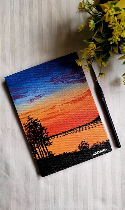 Sunset, acrylic, painting, canvas work Sunrise Sunset Painting, Canvas Pad Painting, Sunrise Painting Simple, Simple Acrylic Painting Ideas, Acrylic Sunset Painting, Sunset Painting On Canvas, Sunset Painting Easy, Acrylic Sunset, Sunset Acrylic Painting