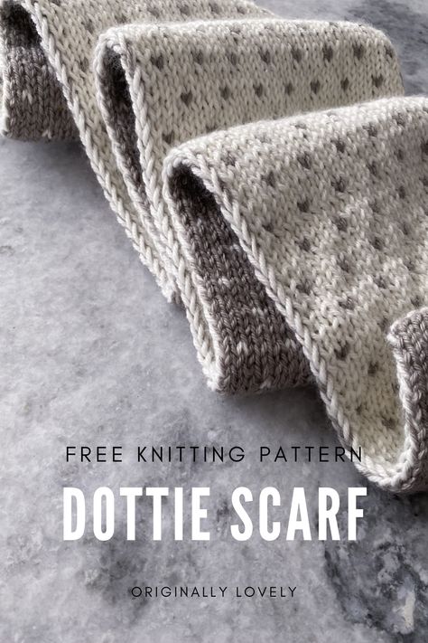 The Dottie Scarf knitting pattern is a free knitting pattern from Originally Lovely that is a perfect intro into double knitting. This free pattern makes a beautiful knit scarf featuring a unique reversed design on either side. Cute Scarf Knitting Pattern, Double Knitting Blanket, Twisted Scarf Knitting Pattern, Animal Scarf Knitting Pattern, Two Strand Knitting, Knit Scarf Patterns Free One Skein, Hat And Scarf Knitting Pattern, Worsted Weight Scarf Pattern Knit, Knitted Tie Pattern Free