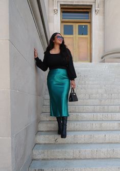 Deep Winter Capsule Wardrobe 2024/ 2025 | Pinterest Trends - Fashion Tips Tricks Satin Skirt Boots, Teal Satin Skirt Outfit, Satin Skirt Western Outfit, Satin Skirt Holiday Outfit, Teal Maxi Skirt Outfit, Blue Velvet Skirt Outfit, Emerald Green Skirt Outfit, Teal Skirt Outfit, Gala Outfits For Women