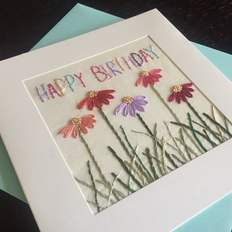 Happy Birthday Embroidery Hoop, Birthday Embroidery Hoop, Happy Birthday Embroidery, Herb Embroidery, Birthday Embroidery, Embroidered Cards, Card Embroidery, Stitched Cards, Embroidery On Paper