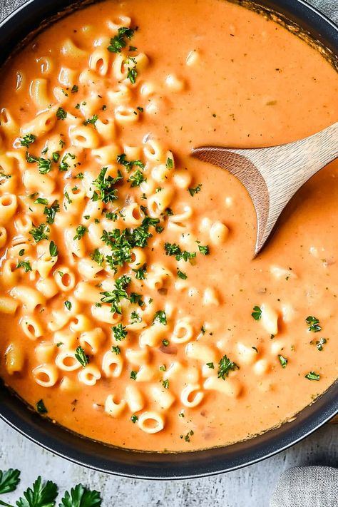 Easy Tomato Soup with Noodles Tomato Soup Noodles, Tomato Noodle Soup Recipes, Tomato Soup With Noodles, Soup With Spaghetti Noodles, Macaroni Tomato Soup, Tomato Soup With Pasta, Tomato Noodle Soup, Tomato Macaroni Soup Recipe, Tomato Macaroni Soup