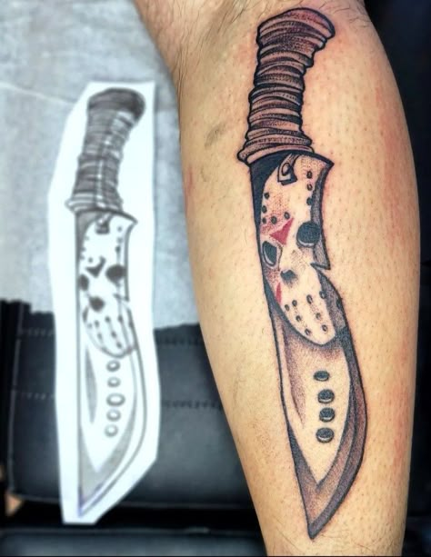 Saw Tattoo Design, Jason Knife Tattoo, Jason Tattoo Friday The 13th, Jason Voorhees Knife Tattoo, Cartoon Horror Characters, Fang Tattoo Teeth, Creepy Tattoo Designs, Ghost Face Forearm Tattoo, Small Jason Tattoo