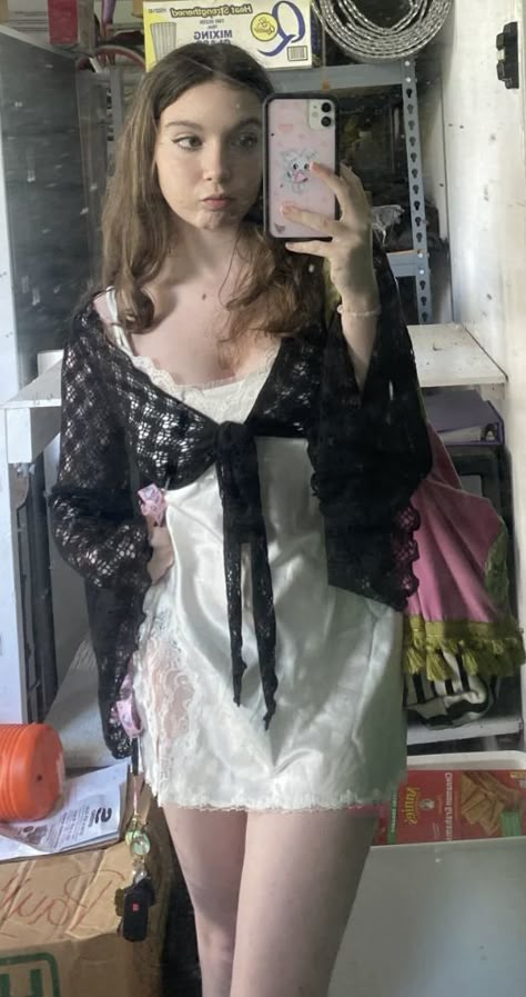 White Lace Slip Dress Outfit, Sheer Slip Dress Outfit Layering, Coquette Slip Dress Outfit, White Slip Dress Outfit Grunge, Lace Shrug Outfit, Cardigan Over Slip Dress, Lace Clothes Aesthetic, Black Lace Cardigan Outfit, Black Coquette Dress