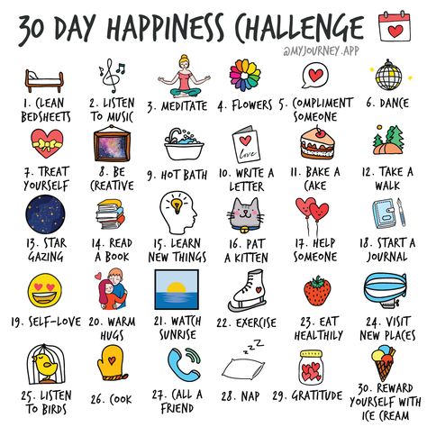 Happiness Challenge 30 Day, How To Start A Productive Day, Things To Do That Make You Happy, Things That Make You Happy List, 30 Days Happiness Challenge, How To Be More Happy, 60 Day Glow Up Challenge, List Of Things To Draw, 30 Day Happiness Challenge