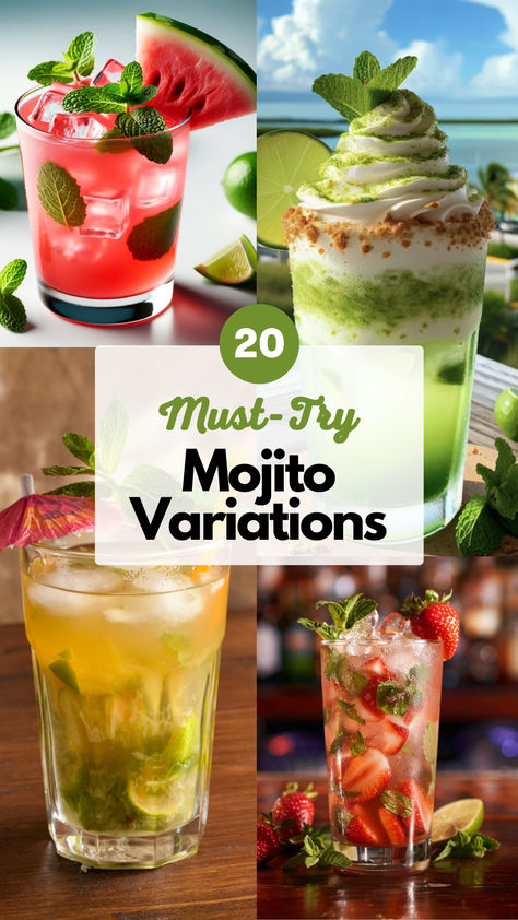 Mojito Flavors and Variations Types Of Mojitos, Mojito Garnish Ideas, Flavored Mojito Recipe, Mojito Bar Drink Stations, Mojito Variations, Mojito Flavors, Mojitos Recipe, Mango Mojito Recipe, Mojito Pitcher