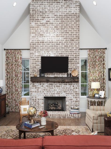 Windows On Each Side Of Fireplace Curtains, Windows Next To Fireplace Curtains, Mesh Fireplace Curtain, Curtains Beside Fireplace, Curtains On Either Side Of Fireplace, Windows Flanking Fireplace Curtains, Brick Fireplace Between Two Windows, Side Of Fireplace, Fireplace Windows