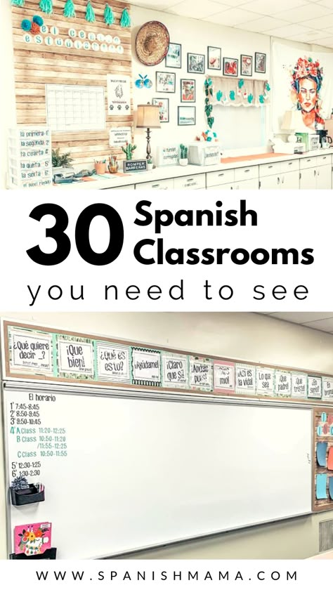 Get a look into Spanish classrooms from all over and see how ordinary teachers are setting up and organizing their rooms. Language Classroom Decor, Bilingual Classroom Decor, Spanish Teacher Classroom, Spanish Classroom Ideas, Kids Classroom Decor, Spanish Teacher Resources, Spanish Classroom Decor, World Language Classroom, Spanish Classroom Activities