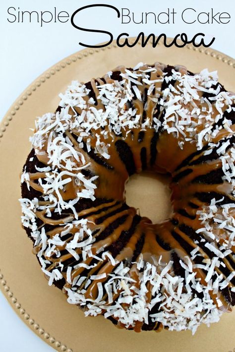 "You won't ever have to wait a whole year to get a taste of those glorious Girl Scout cookies again - this bundt cake tastes JUST like Samoas!' Samoa Bundt Cake, Samoa Cake, Sawdust Pie, Easy Pie Recipe, Cake Recipe Homemade, Easy Bundt Cake, Bundt Cake Recipe, Homemade Cookie, Caramel Glaze