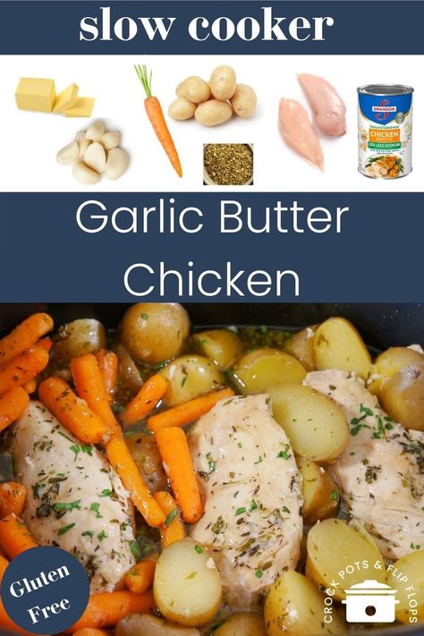 Chicken Potato Carrot Recipe, Crockpot Garlic Butter Chicken, Chicken Potatoes And Carrots, Chicken Carrots Recipe, Slow Cooker Chicken Potatoes, Crock Pot Chicken Recipe, Garlic Chicken Crockpot, Crockpot Chicken And Potatoes, Potato Recipes Crockpot