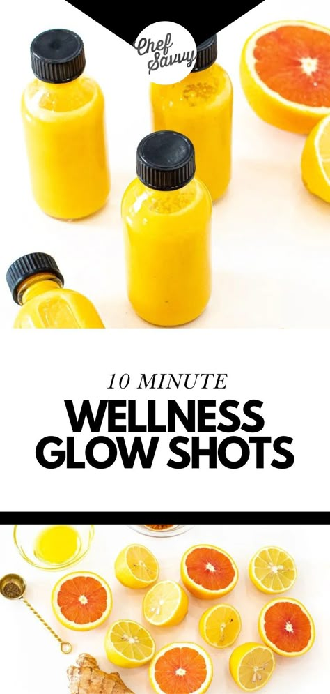 Save this Quick & Easy Homemade Wellness Glow Shots Recipe!  Wellness Glow Shots are a quick and convenient way to give your body a quick nutrient boost! These concentrated shots are packed with vitamins, minerals, and antioxidants, designed to support your immune system and boost energy levels! Follow Chef Savvy for more Healthy Smoothies & Juices! Vitamins For Immunity, Healthy Shots Recipe Homemade, Lemon Juicing Recipes, Ginger Juice Shot Recipe, Fruit Shots Healthy, Energy Shots Recipe, Gut Healthy Shots, Homemade Wellness Juice Shots, Pineapple Wellness Shots