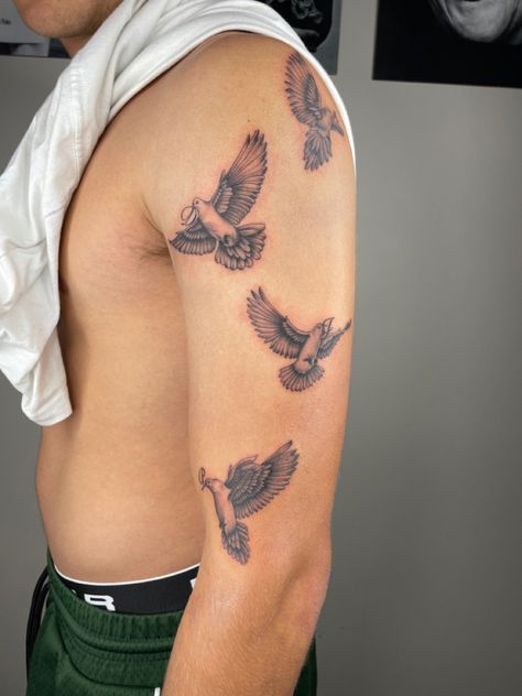 Dove Men Tattoo, Mens Dove Tattoo Ideas, Dove Shoulder Tattoo Men, Men Dove Tattoo, Bird Angel Tattoo, Christian Mens Tattoo, Dove Tattoo Men Sleeve, Dove Tattoo Arm, Small Doves Flying Tattoo