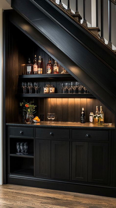 Basement Bar And Entertainment Area, Basement Bar Corner Ideas, Bar In Staircase, Under Stairs Bar And Storage, Bar Area Under Stairs, Hallway Ideas Under Stairs, Hidden Bars At Home, Under Stairs Bar Ideas Built Ins, Under Stair Bar Basement