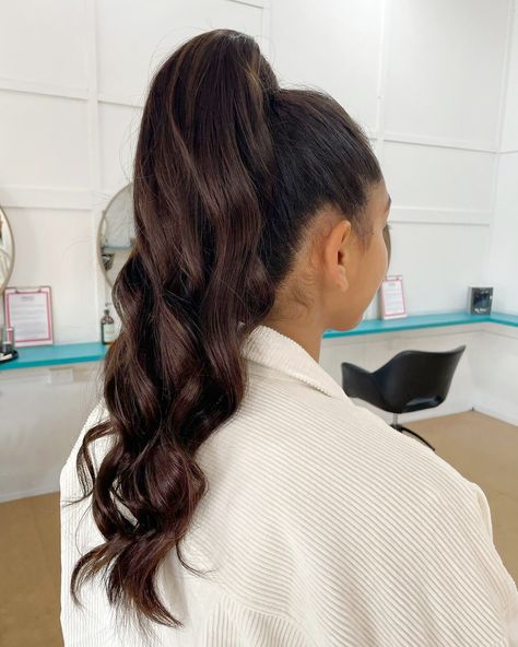 clip-in ponytail, ponytail, pony, pony goals, brunette, Zala hair extensions, hair extensions, long hair, length, hairstyle, curls, updo Curls Hair Updos, Ponytail With Curls In The Back, High Pony With Waves, High Pony Curled Hair, High Ponytail Hairstyles With Curls, High Wavy Ponytail Hairstyles, Curly Ponytail Slick Back, Slick Back Pony With Curls, High Ponytail Wavy Hair