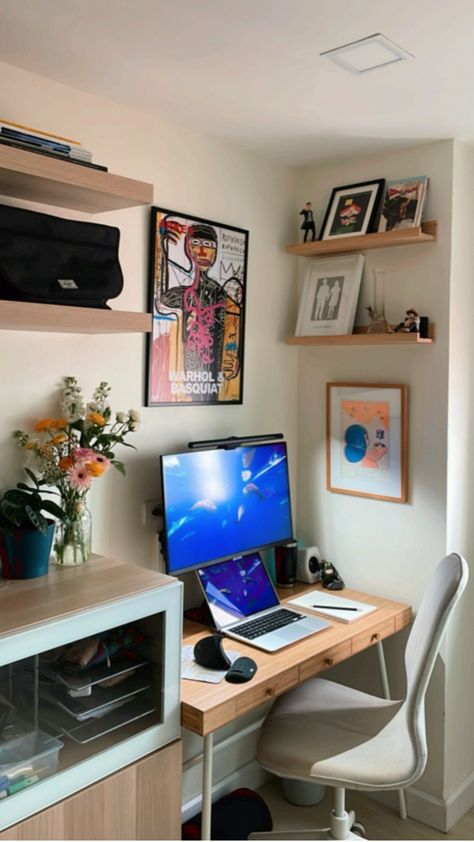 Small desk with laptop and monitor Desk With Laptop, Monitor Setup, Desk Space, Small Desk, Desk Setup, Laptop, Desk