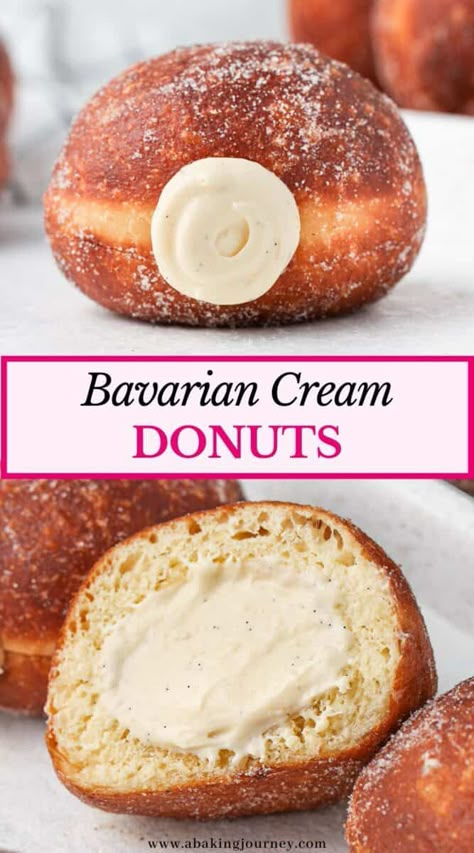 Homemade Bavarian Cream, Cream Donut Recipe, Bavarian Cream Filling, Donut Bites, Cruller Donuts, Brioche Donuts, Cream Filled Donuts, Donuts Recipes, Doughnut Recipes