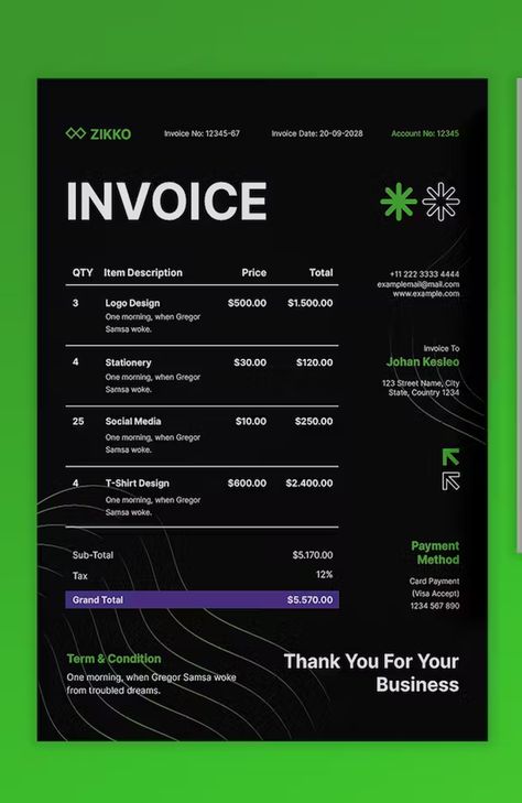 Green Modern Invoice Template AI, EPS, PSD Invoice Design Creative, Agenda Board, Design Invoice, Invoice Design, Image Notes, Street Names, Invoice Template, Cmyk Color, Design Creative