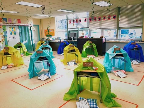 Camping Theme Class Party, Camping Classroom Party, Camping In Classroom For Kids, Tent Classroom Door, Classroom Camping Ideas, Classroom Campout Day, Reading Campout In Classroom, Classroom Theme Party, Camping In Classroom