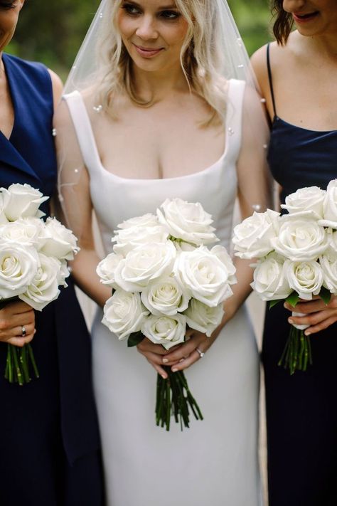 3 Rose Bridesmaid Bouquet, All White Wedding Bouquet Roses, Rose Bouquet Wedding White, Roses Only Bouquet, All White Rose Bouquet Wedding, White Blue Bridesmaid Bouquet, All Roses Bouquet, Minimalist Rose Bouquet, Wedding Flower Bouquets Bridal White Roses