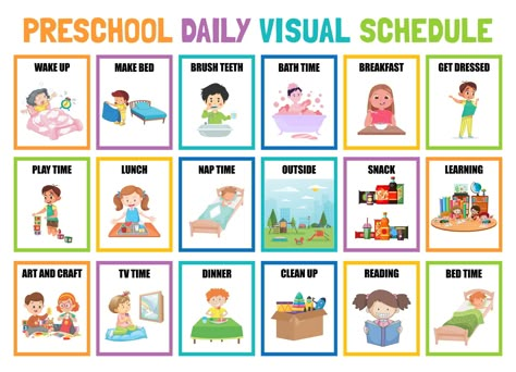 Preschool Daily Schedule Ideas, Daily Routine Schedule For Preschoolers, Daily Visual Schedule Free Printable, Preschool Daily Schedule Printable Free, Kindergarten Daily Routine, Daily Routine Schedule Preschool, Daily Schedule For Preschoolers, Preschool Schedule Template, Morning Routine Visual Schedule