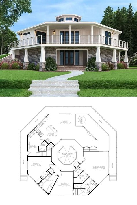 Make this rare home your dream home as we reveal this 2-story modern octagon house plan with wraparound deck and octagon house interior. Shown is the beautiful cape cod, modern beach style exterior. Floor Plan Specifics: 3 bedroom, 2.5 bathroom, and 2299 sq.ft. in area. Follow us to discover more octagon house plans layout. Courtesy of The House Designers. Octagon House Plans, Hexagon House, Wraparound Deck, Round House Plans, Octagon House, Beach House Plans, Architectural Floor Plans, Beautiful House Plans, Modern Beach