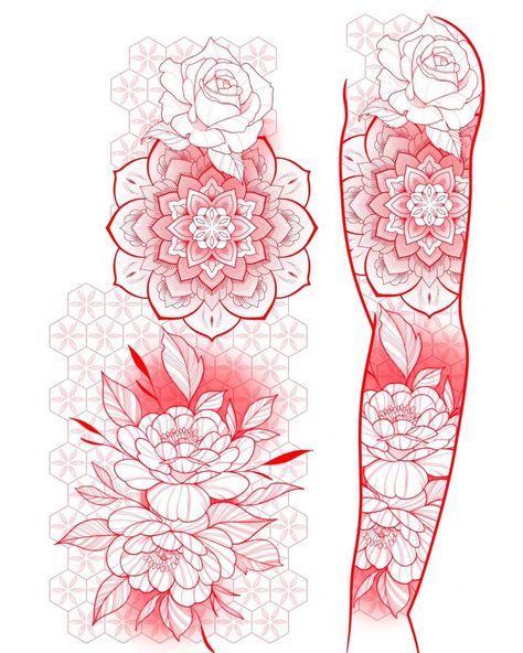 Black White And Red Tattoos, Curved Tattoo Design, Full Arm Sleeve Tattoos For Women, Floral Com Mandala, Mandala Tattoo Sketch, Geometric Floral Tattoo, Mandala Floral Tattoo Design, Mandala Floral Tattoo, Floral Mandala Tattoo Sleeve