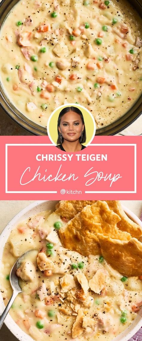 Chrissy Teigan's chicken soup isn't chicken noodle, it is inspired by chicken pot pie. The thick broth of flour, cream and garlic is offset by plenty of potato, chicken, carrots, frozen peas, frozen pearl onions, and sliced deli ham. You then add homemade pie crust crackers. Pie Crust Crackers, Chrissy Teigen Recipes, Pot Pie Soup Recipe, Chicken Carrots, Best Chicken Pot Pie, Potato Chicken, Chicken Pot Pie Soup, Pot Pie Soup, Homemade Pie Crust