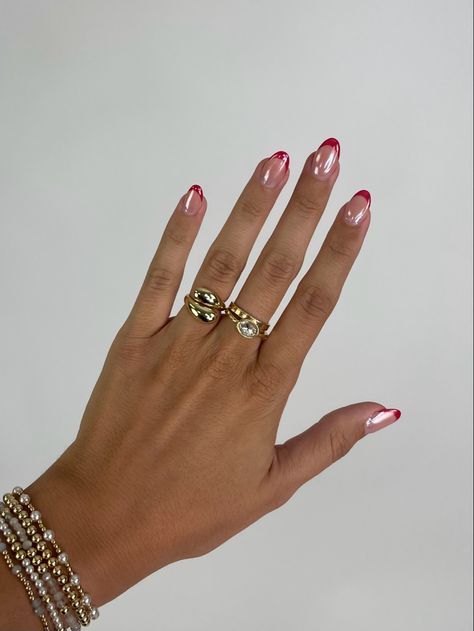 Red French Tip With Chrome Nails, Chrome French Tip Nails Christmas, Red Chrome Christmas Nails French, Xmas Nail Inspo 2023, Chrome Red Tip Nails, Red French Tip Nails Crome, Red Tip With Chrome, Red French Tip Chrome Nails Almond, 2023 Xmas Nails