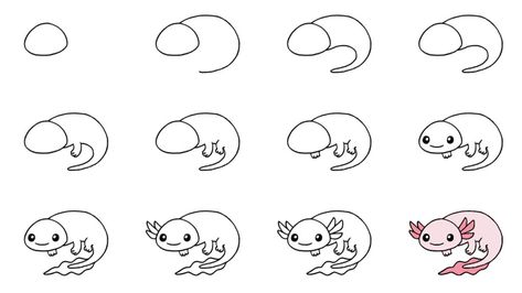 Axolotl Doodle Easy, Axolotl Nail Designs, How To Draw An Axolotl Step By Step, Easy Axolotl Drawing, How To Draw A Axolotl, How To Draw Axolotl, How To Draw An Axolotl, Draw Axolotl, Draw An Axolotl