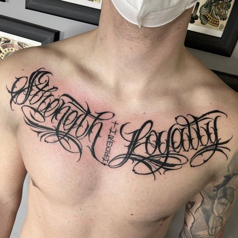 Text Chest Tattoo Men, Stomach Tattoos Men Writing, Loyalty Tattoo Chest, Chest Tattoo Men Lettering, Cursive Chest Tattoo Men, Chest Letter Tattoo, Chest Text Tattoo, Chest Text Tattoo Men, Chest Lettering Tattoo Men