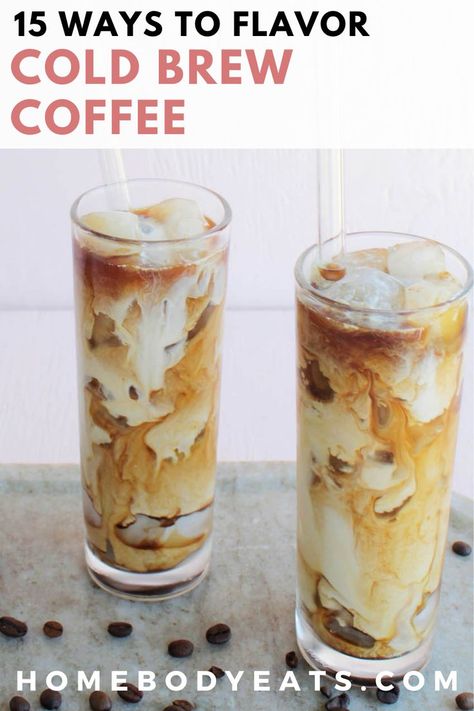 swirled caramel coffee in glass Cold Brew Coffee Recipe Starbucks, Diy Cold Brew Coffee, Cold Coffee Drinks Recipes, Flavored Coffee Recipes, Cold Brew Recipes, Homemade Cold Brew Coffee, Coffee Drinks Recipes, Brew Coffee Recipe, Best Cold Brew Coffee