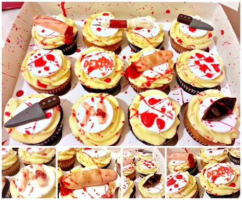 DEXTER Cupcakes complete with edible blood spatter! Please re-pin, and check out my other cakes at https://www.facebook.com/icingonthecakery?ref=tn_tnmn :Dv Dexter Cupcakes, Dexter Cake, Edible Blood, Dexter New Blood, Bday Cookies, Dark Passenger, Dexter Morgan, Cake Icing, Please Come Back