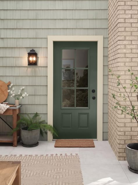 HGTV Home by Sherwin-Williams Announces 2023 Color Collection of the Year | HGTV Green Front Doors, Tiles Designs, Front Door Paint Colors, Exterior Wall Tiles, Trending Paint Colors, Exterior House Color, Door Paint Colors, Door Colors, Sherwin Williams Colors