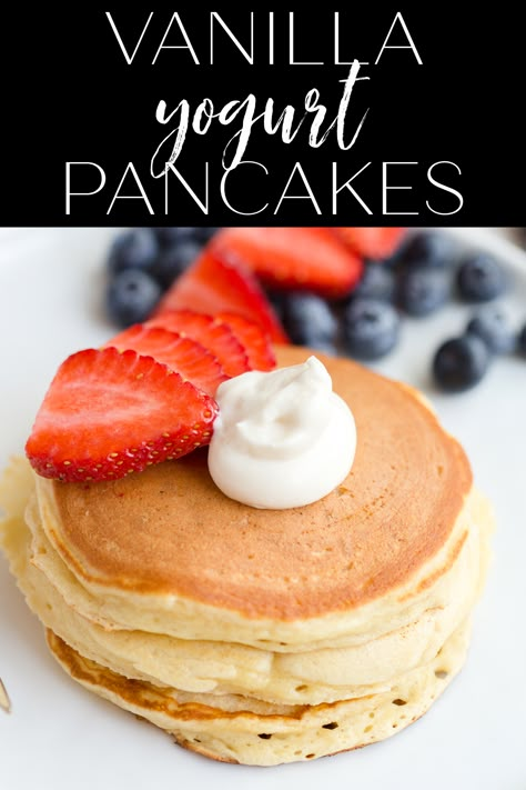 Vanilla Yogurt Pancakes are perfectly light and fluffy pancakes made with vanilla yogurt and are begging to be made for Sunday breakfast! #pancakes #breakfast #brunch @greenschocolate via @greenschocolate Vanilla Yogurt Pancakes, Vanilla Yogurt Dessert Recipes, Pancakes Made With Yogurt, What To Do With Vanilla Yogurt, Uses For Vanilla Yogurt, Recipe With Vanilla Yogurt, Yogurt Pancakes Healthy, Pancakes With Yogurt, Vanilla Yogurt Recipes