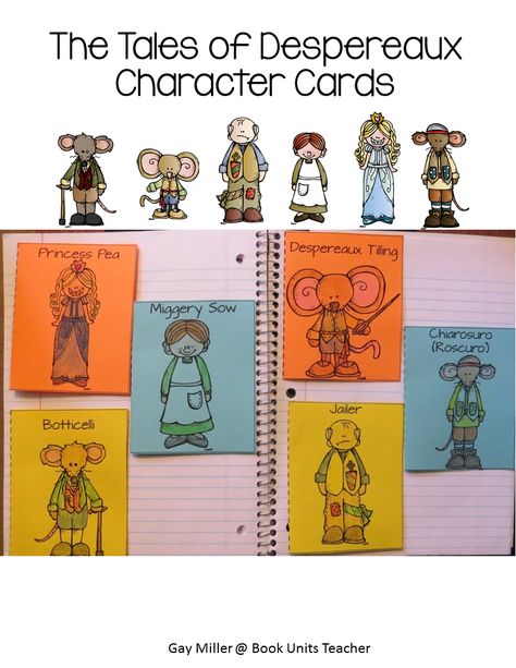 The Tales of Despereaux Character Cards Tale Of Despereaux Projects, The Tale Of Despereaux Activities, Tale Of Despereaux Activities, Storybook Activities, The Tale Of Despereaux, Kate Dicamillo, Kids Book Club, Character Cards, Author Studies