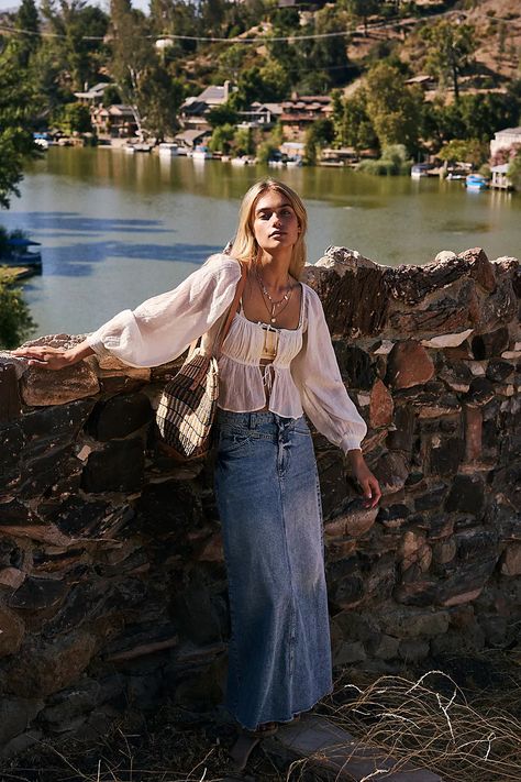 Come As You Are Denim Maxi Skirt | Free People Greece Fashion Aesthetic, Long Denim Skirt Fit, Summer In Spain Aesthetic Outfits, Greece Outfits Aesthetic, Spain Style Outfits Summer, Spain Trip Outfits, Europe Summer Outfits Italy, Linen Skirt Outfit Summer, Santorini Greece Outfits