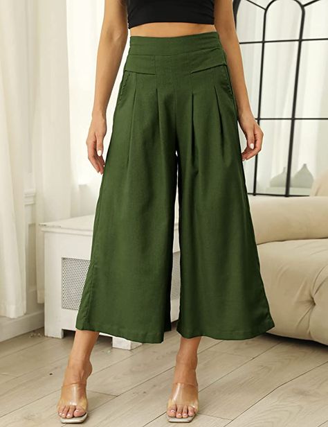 Hooever Women's Cotton Linen Culottes Pants Elastic Waist Wide Leg Palazzo Trousers Capri Pant (Lightkhaki-L) at Amazon Women’s Clothing store Linen Culottes, Culottes Pants, Palazzo Trousers, Pants Elastic Waist, Amazon Women, Cotton Linen, Clothing Store, Capri Pants, Capri