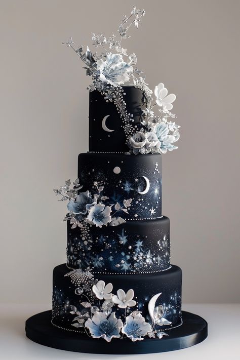 Silver Stardust: Midnight Elegance Birthday Cake Blue Black And Silver Birthday Cake, Cake Designs For Sweet 16, Wedding Cake Stars, Pink Celestial Wedding, Midnight Blue Wedding Cake, Gothic Celestial Wedding, Dark Fairytale Wedding Cake, Black And Blue Birthday Cake, Space Wedding Cake