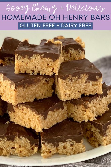 Oh Henry Bars Recipe, No Bake Dessert Bars, Oh Henry Bars, Dairy Free Deserts, Work Potluck, Gluten Free Dairy Free Dessert, Dairy Free Recipes Dessert, Gooey Bars, Dairy Free Treats