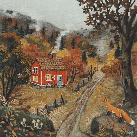 Lore Pemberton, Cozy Art, Arte Folk, Autumn Illustration, Red House, Autumn Vibes, Autumn Art, Gouache Painting, Whimsical Art