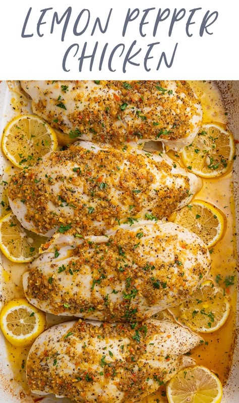 This lemon pepper chicken is deliciously full of flavor. Coated in an easy lemon pepper butter and baked to tender perfection, this chicken dinner is super easy and quick to throw together and produces moist, flavorful chicken. Lemon Peper Chicken, Lemon Pepper Chicken Breast Recipe, Lemon Pepper Chicken Breast, Grilled Chicken Thigh Recipes, Baked Lemon Pepper Chicken, Chicken Thigh Recipes Grilled, Chicken Thigh Recipes Healthy, Awesome Chicken, Baked Lemon Chicken