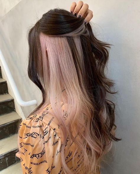 Highlights Underneath Hair, Brown And Pink Hair, Under Hair Dye, Pastel Pink Hair Color, Half Dyed Hair, Natural Brown Hair, Two Tone Hair, Split Dyed Hair, Hair Goal