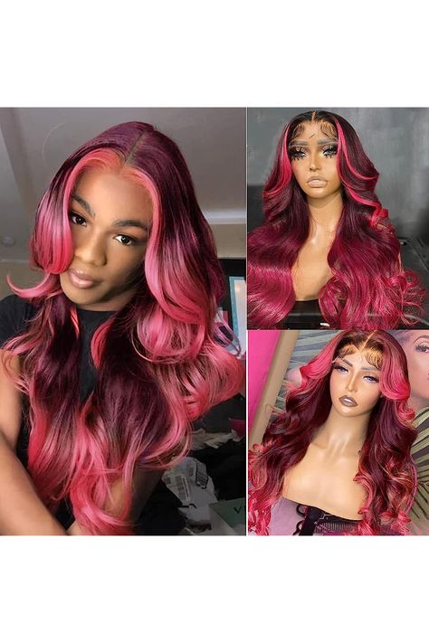 Pink Skunk Stripe Lace Front Wig Ombre Burgundy 13X4 Lace Frontal Human Hair Body Wave Red Highlight HD Transparent Lace Wig Glueless Pre Plucked with Baby Wave for Women 99J Burgundy and Pink Wigs With Streaks 20 Inch 150% Density Skunk Stripe Lace Front Wig, Burgundy Pink Hair, Burgundy And Pink Hair, Pink Skunk Stripe, Body Wave Frontal, Burgundy Highlights, Pink Wigs, Ombre Burgundy, Hairstyles Ideas Black Women