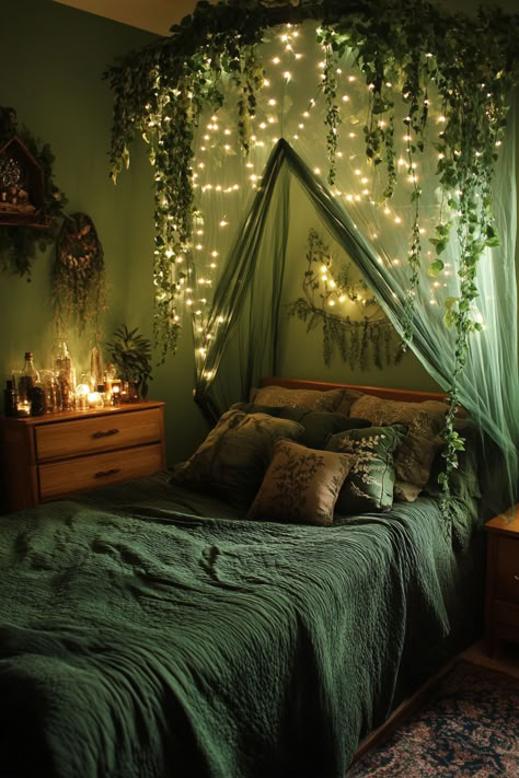 Transform your bedroom into a mystical haven with these 30+ witchy ideas. Blend magic and modern style with enchanting decor, from moon-themed accents to crystal displays. Create your own magical retreat! 🌟🔮 #WitchyBedroom #MagicalDecor #ModernWitch #HomeStyle Witchy Forest Bedroom, Bedroom Decor Witchy, Green Witchy Bedroom Aesthetic, Forest Core Bedroom Aesthetic, Room Decor Theme Ideas, Fairy Style Bedroom, Green Bedroom Decor Ideas Aesthetic, Thing To Make For Your Room, Witchy Room Inspiration