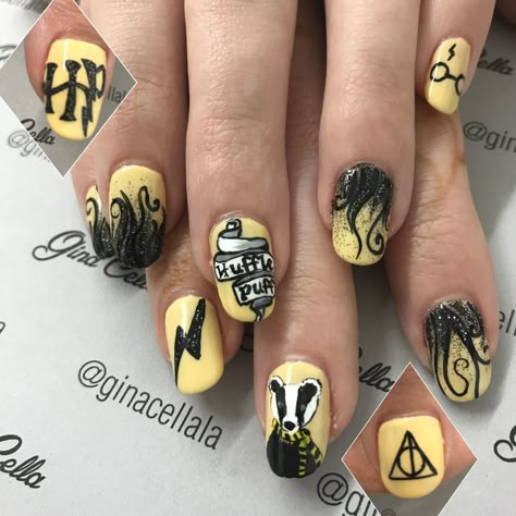 Flashback to these amazing Hufflepuff nails I did for my favorite Hufflepuff. #handpaintednailart #harrypotternails #hufflepuff Hufflepuff Nails, Harry Potter Nail Designs, Harry Potter Nails Designs, Potter Nails, Acrylic Nail Designs Classy, Harry Potter Nails, Nails Inspired, Gothic Nails, Nails Purple