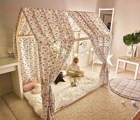 Dealtops Tent Floor Bed 🔆 #MontessoriBed #ChildFurniture #ToddlerRoomDecor #NaturalMaterials #WoodenToys #KidsRoomInspiration #MontessoriHome #EcoFriendlyKids #ToddlerSleep #ParentingIdeas Montessori Bed Teepee, Play Tent Decor, Tent For House Bed, Childrens Bed With Canopy, House Bed Canopy Ideas, Canopy House Bed, Diy House Bed Canopy, Montessori House Bed Decor, Toddler House Bed Girl