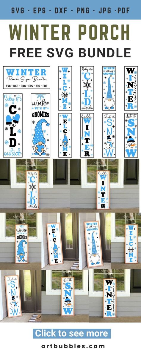 This Winter SVG File is a freebie for crafters to make Winter season using Cricut, silhouette, etc. Crafters can download this winter SVG file for free. Files: SVG, DXF, PNG, EPS, JPG & PDF. This Winter Porch Sign SVG Bundle features 10 different designs, perfect for making porch / vertical signs, welcome signs, wall decals, farmhouse décor, home décor and all DIY décor projects. #wintersvg #winterfreesvg #verticalsign #wintersigns #welcomesign #homedecorsvg #farmhousedecorsvg #walldecalsvg Winter Porch Signs, Vertical Signs, Porch Sign Svg, Cricut Monogram, Drawing Ideas List, Winter Porch, Cricut Svgs, Winter Signs, Porch Welcome Sign