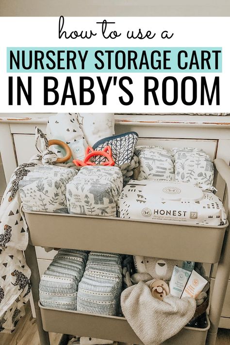 Nursery storage cart, nursery utility cart, rolling cart for the nursery, diaper cart, 3 tiered cart nursery Utility Cart For Nursery, Nursery 3 Tier Cart, Infant Storage Ideas, Nursery Side Table Organization, Nursery Utility Cart Organization, Small Space Twin Nursery, Rolling Cart For Nursery, 3 Tier Rolling Cart Ideas Baby, 3 Tier Cart Organization Baby