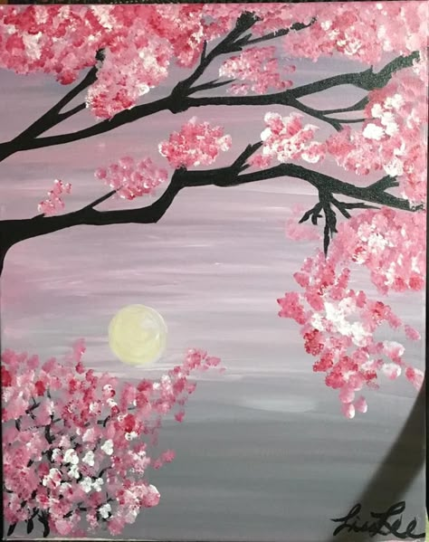 Easy Sakura Painting, Cherry Blossom Tree Painting Easy, Easy Cherry Blossom Painting, Sakura Tree Painting, Pink Tree Painting, Cherry Blossom Tree Painting, Cherry Blossom Painting Acrylic, Tree Painting Easy, Sakura Painting