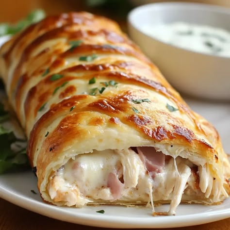 Chicken Cordon Bleu Stromboli Chicken Stromboli, Puff Pastry Chicken, Shredded Cooked Chicken, Homemade Stromboli, Undercooked Chicken, Dragon Bedding, Refrigerated Pizza Dough, Stromboli Recipe, Golden Chicken